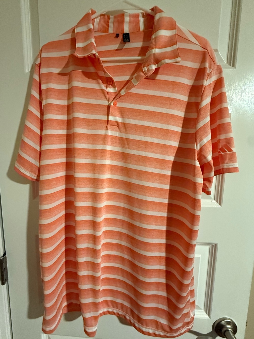 Men's Adidas Striped Polo Shirt in Coral and White